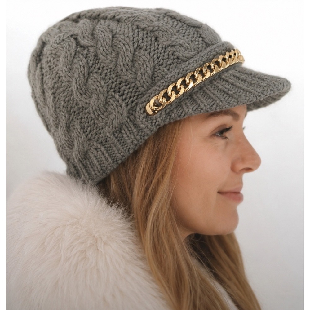 Michael Kors Olive Green Cable Knit Newsboy Cap Gold Chain Baker Boy Hat NEW